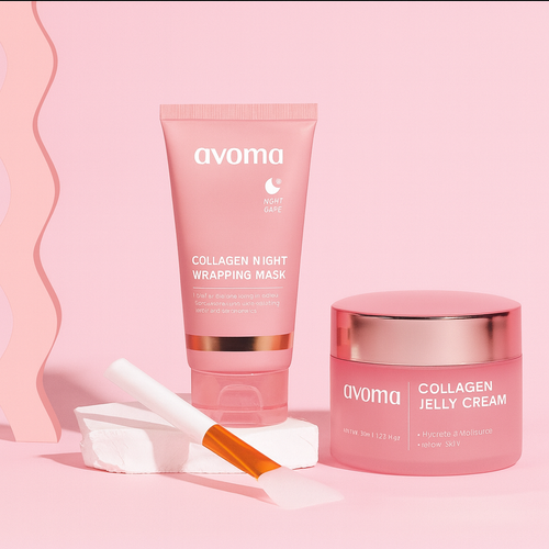 Collagen overnight facial mask and collagen night wrapping mask from avoma on a pink background.