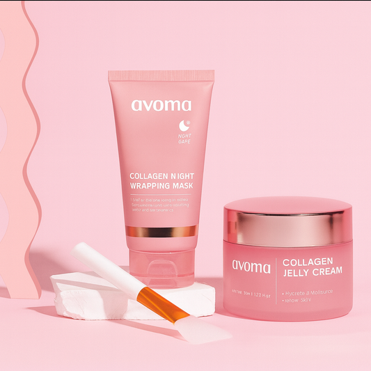 Collagen overnight facial mask and collagen night wrapping mask from avoma on a pink background.